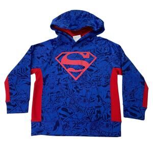 Superman Boys XS 4-5 Comic Logo Red Blue Long Sleeve Hoodie Pullover Sweatshirt
